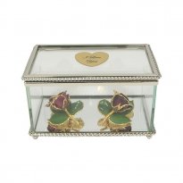 2 24k Gold Rose Brooches with 3 Leaves in Glass Museum Case