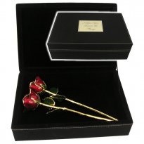 Two 11" Gold Trim Roses in Personalized Leatherette Case