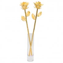 2 Real 17" Anniversary Roses Dipped in Gold with Vase