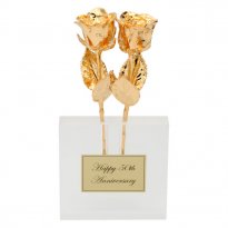 Two 8" Gold Dipped Roses in 50th Anniversary Vase