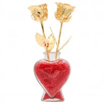 2 8" Gold Dipped Roses in Heart Vase 50th Anniversary Gift