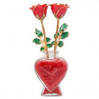 Two 8" Gold Roses in Red Heart Vase: 1st Anniversary Gift
