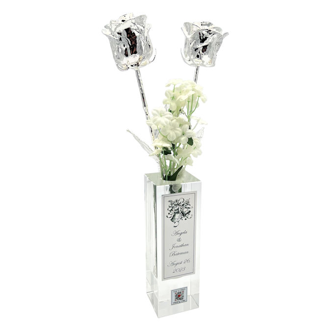 Two 14" Wedding Roses In Personalized Vase with Video QR Code