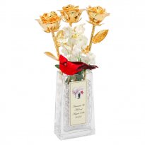 50th Anniversary Gift: 3 Gold Roses in Personalized Vase