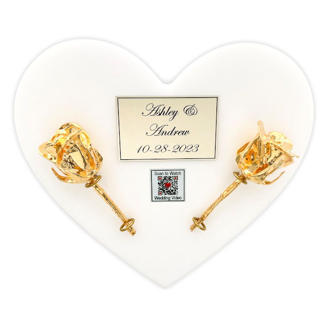 Two 4" Dipped Roses & QR Code on Personalized Wedding Heart Plaque