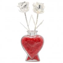 Two 8" Silver Roses in Red Heart Vase 25th Anniversary Gift