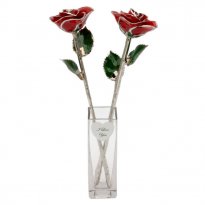 2 Silver Trim Roses in Promise Vase with Engraved Heart