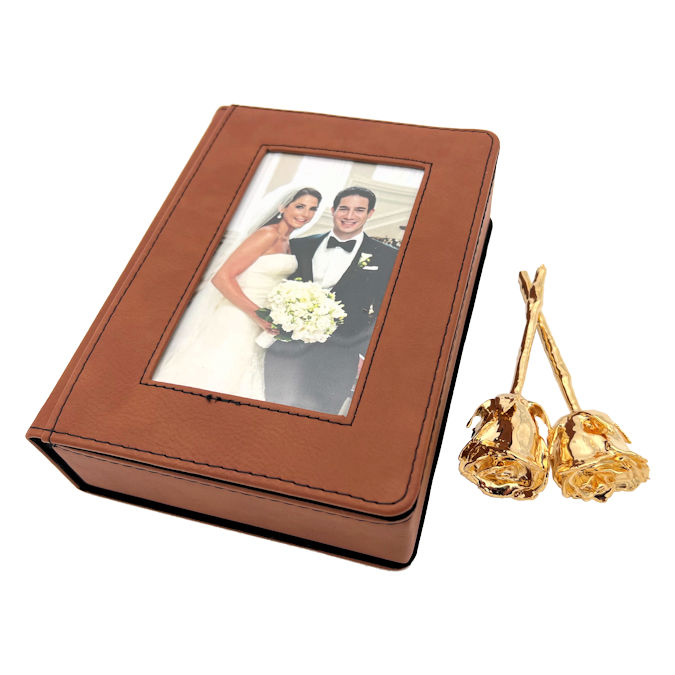 Two 4" Dipped Roses in Personalized Wedding Photo Case
