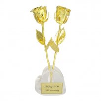 Two 11" Gold Dipped Roses in Heart Vase 50th Anniversary Gift
