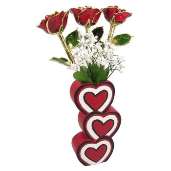 Past, Present, Future Gold Trim Roses in 3 Heart Vase