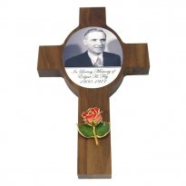 Walnut Memorial Photo Wall Cross with Mini Gold Rose