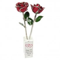 2 Silver Trim Roses in Personalized Crystal Vase