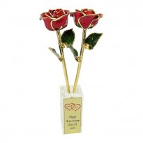 Personalized Anniversary Vase with 2 Gold Trim Roses