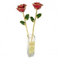 Two 17" Gold Trimmed Roses in Vase: Personalized Anniversary Gift