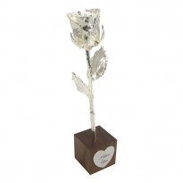 8" Silver Rose in Stand with Engraved Heart