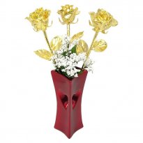 3 Valentine's Day 17" 24k Gold Dipped Roses in Red Vase
